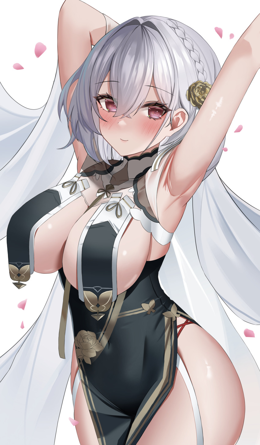 1girl, absurdres, armpits, arms_up, azur_lane, bare_shoulders, blush, braid