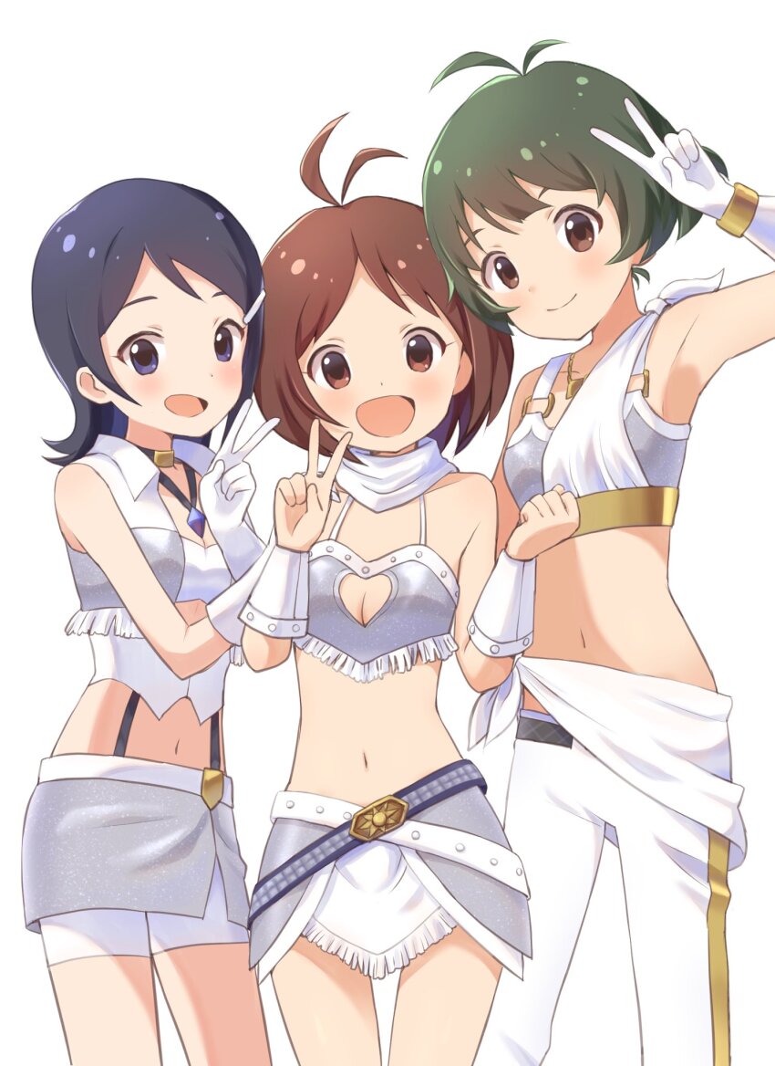 1boy, 2girls, akizuki_ryo, antenna_hair, arm_warmers, armpits, bare_shoulders, belt, black_belt, black_choker, blue_belt, blue_eyes, blue_hair, blush, bracelet, breasts, brown_eyes, brown_hair, buchi_(y0u0ri_), choker, cleavage, cleavage_cutout, clenched_hand, closed_mouth, clothing_cutout, collar, cowboy_shot, crop_top, cropped_jacket, cropped_shirt, crossdressing, dearly_stars_(idolmaster), detached_collar, dot_nose, gloves, gold_bracelet, gold_trim, green_hair, grey_shirt, grey_skirt, hair_ornament, hairclip, hands_up, hidaka_ai, highres, idolmaster, idolmaster_dearly_stars, jacket, jewelry, layered_skirt, loincloth, medium_breasts, midriff, miniskirt, mizutani_eri, multiple_girls, navel, necklace, o-ring, o-ring_top, open_clothes, open_jacket, open_mouth, pants, pencil_skirt, shirt, short_hair, shorts, shorts_under_skirt, simple_background, skirt, sleeveless, sleeveless_shirt, small_breasts, smile, standing, trap, v, white_arm_warmers, white_background, white_collar, white_gloves, white_jacket, white_pants, white_shirt, white_shorts