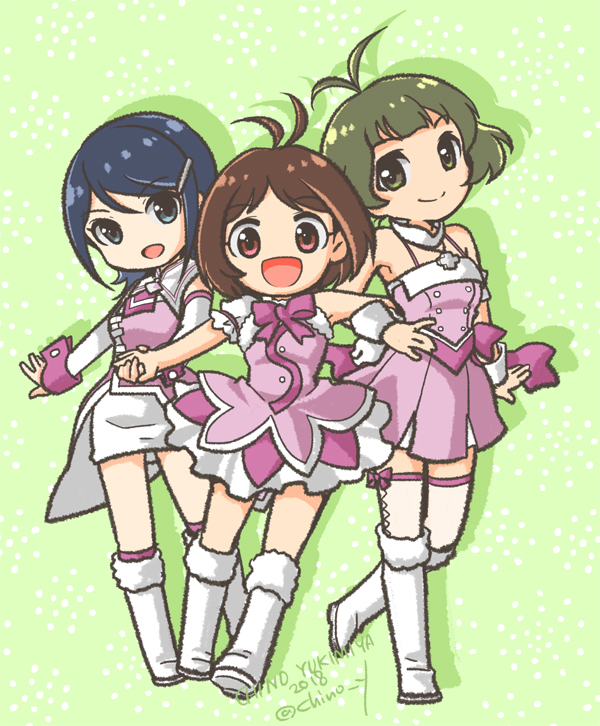 1boy, 2018, 2girls, akizuki_ryo, antenna_hair, artist_name, asymmetrical_sleeves, bare_shoulders