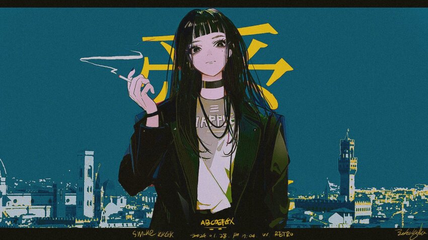 1girl, black_choker, black_eyes, black_hair, black_jacket, bracelet, choker, cigarette, closed_mouth, commentary, dated, english_text, film_grain, florence_(city), holding, holding_cigarette, jacket, jewelry, john_kafka, letterboxed, long_hair, long_sleeves, looking_at_viewer, mole, mole_under_eye, open_clothes, open_jacket, original, photo_background, shirt, signature, smoke, solo, untranslatable_commentary, upper_body, white_shirt