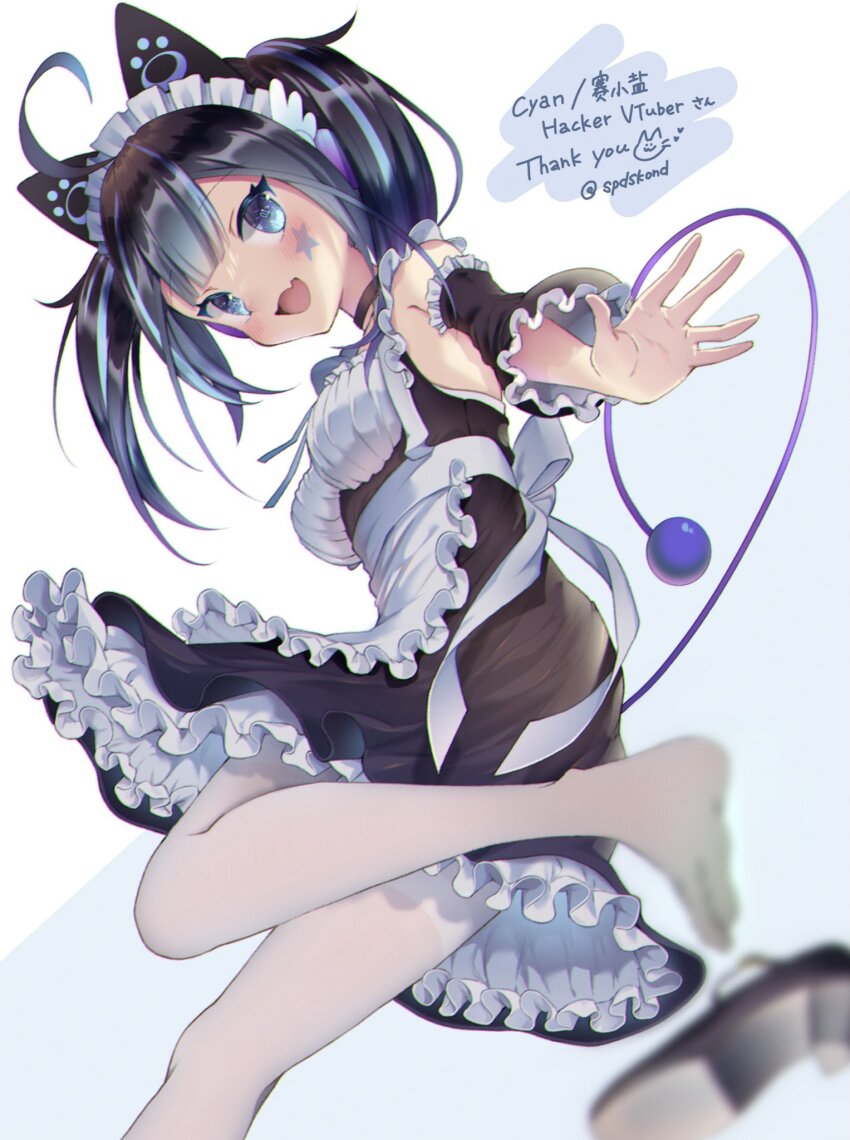 1girl, animal_ears, apron, black_hair, blue_eyes, blue_hair, byoko_(byokoramen), cat_ears, commission, cyan_nyan, highres, indie_virtual_youtuber, maid, maid_apron, maid_headdress, pantyhose, skeb_commission, solo, virtual_youtuber, white_pantyhose