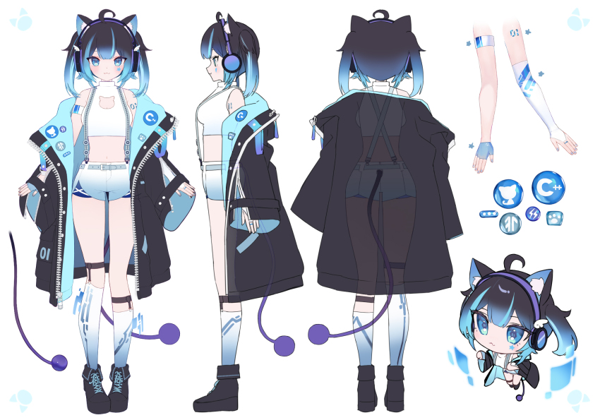 1girl, animal_ears, black_hair, blue_eyes, blue_hair, cat_ears, copyright_request, cyan_nyan