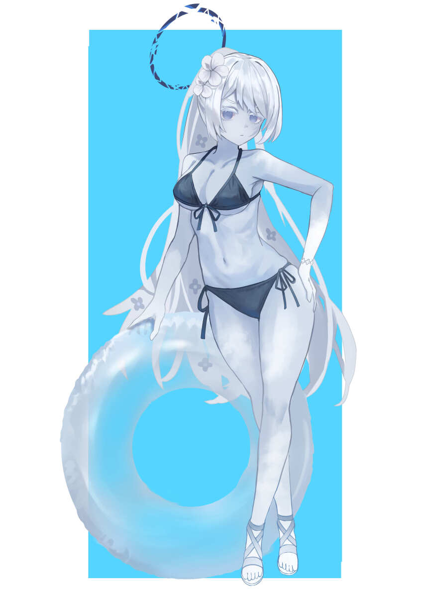 1girl, absurdres, bikini, black_bikini, blue_archive, blue_eyes, blue_skin, breasts, cleavage, colored_skin, full_body, gachiz_sun, highres, innertube, justina_follower_(blue_archive), long_hair, looking_at_viewer, medium_breasts, navel, ponytail, solo, standing, swept_bangs, swim_ring, swimsuit, swimsuit_saint_(ar)_(blue_archive), very_long_hair, white_hair