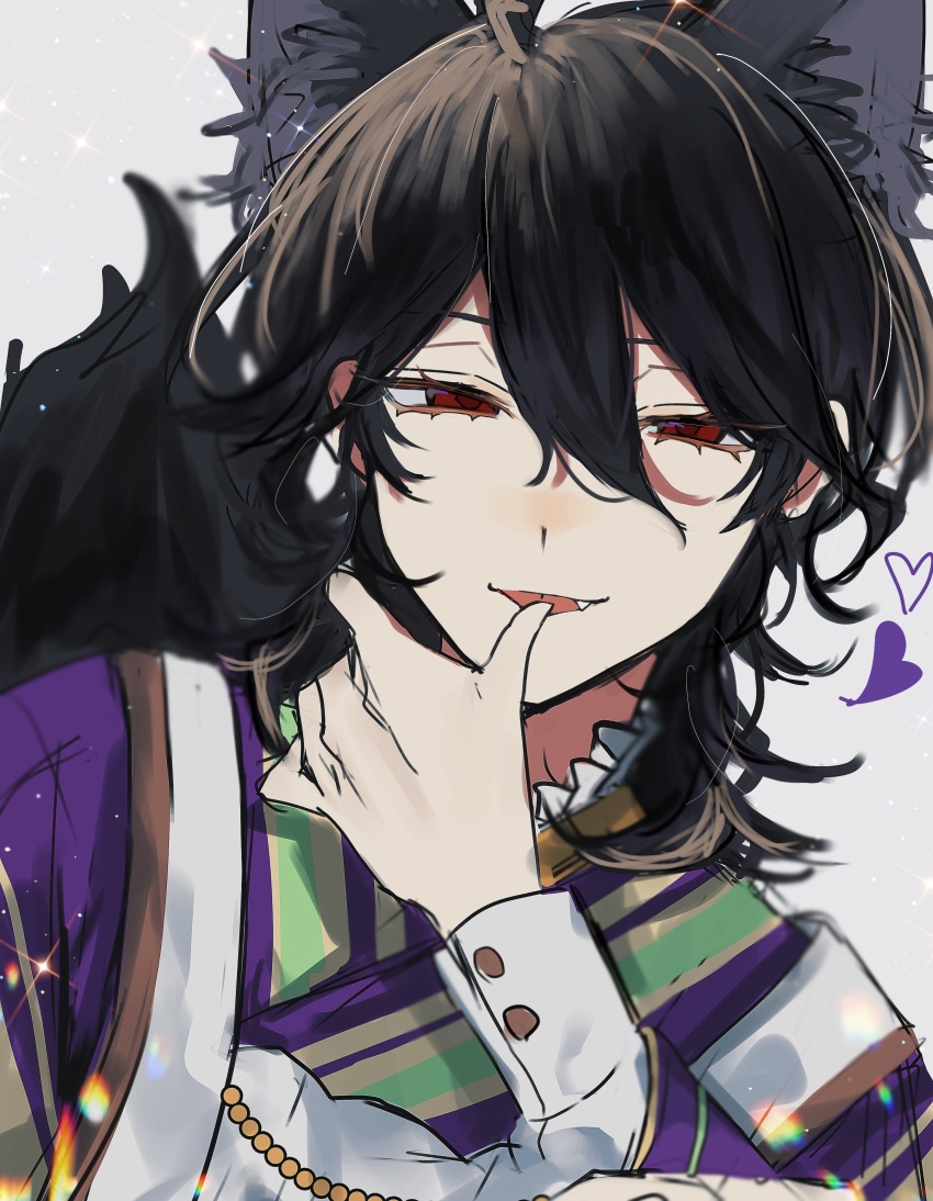 1boy, absurdres, alternate_costume, animal_ears, black_hair, ensemble_stars!, fang, fox_boy, fox_ears, fox_tail, grey_background, heart, highres, koi_koi_cafe_(ensemble_stars!), looking_at_viewer, male_focus, medium_hair, mitsu_(yukimi_bon), red_eyes, sakuma_rei_(ensemble_stars!), solo, sparkle, tail, tongue, tongue_out