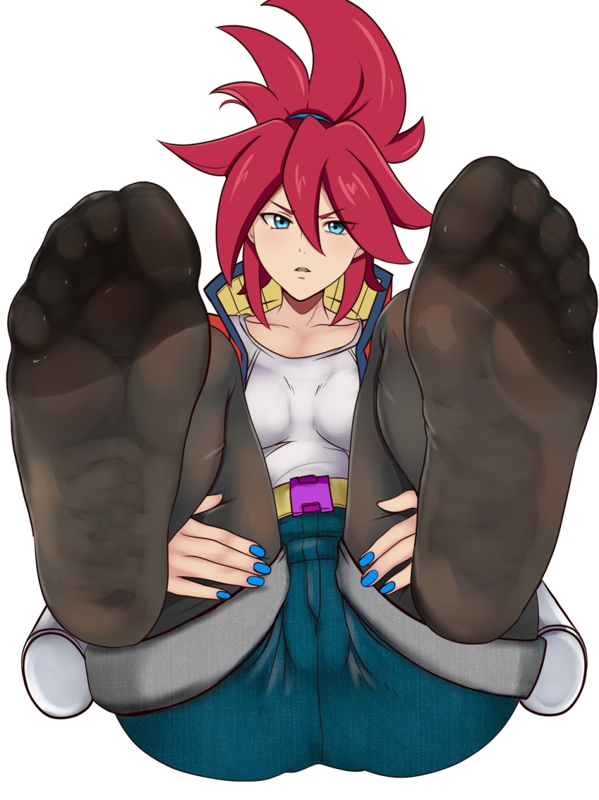 1girl, blue_eyes, feet, feet_up, hi-fi_rush, highres, ikari, korsica_(hi-fi_rush), long_hair, looking_at_viewer, pantyhose, parted_lips, red_hair, shorts, soles, toes