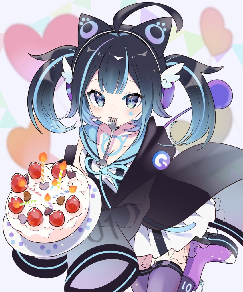1girl, absurdres, animal_ears, black_hair, blue_eyes, blue_hair, cat_ears, cyan_nyan