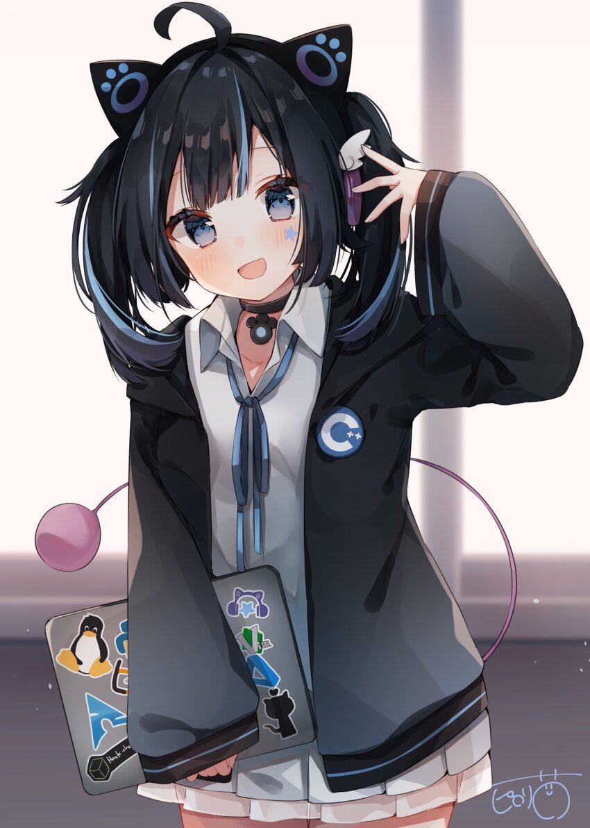 1girl, absurdres, animal_ears, black_hair, blue_eyes, blue_hair, cat_ears, cyan_nyan
