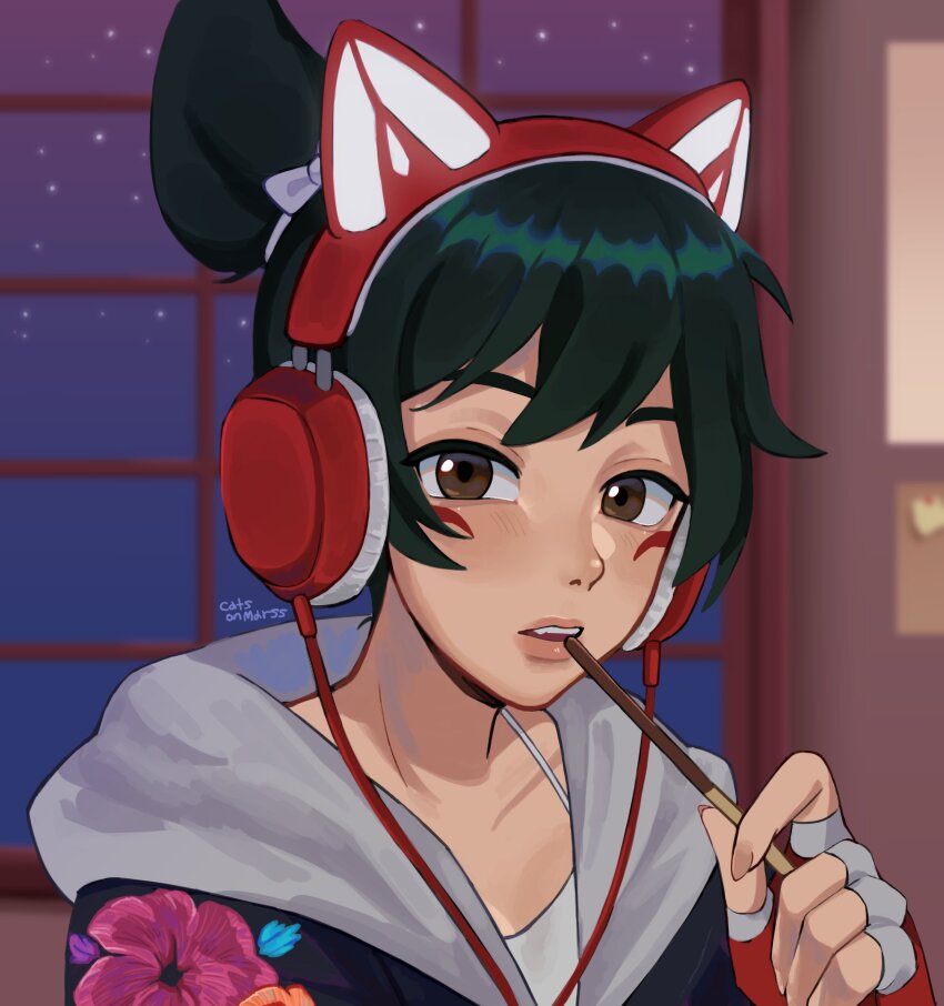 1girl, absurdres, black_jacket, brown_eyes, catsonmarss, floral_print, food, green_hair, headphones, highres, indoors, jacket, kiriko_(overwatch), looking_at_viewer, night, overwatch, overwatch_2, pocky, shirt, sky, star_(sky), starry_sky, white_shirt, window