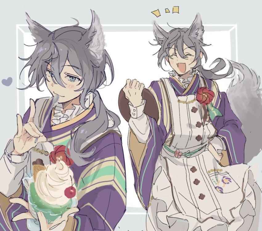 1boy, animal_ears, apron, blue_eyes, border, ensemble_stars!, flower, fox_boy