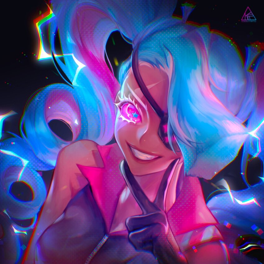 1girl, aqua_eyes, aqua_hair, asymmetrical_hair, character_name, colored_eyelashes, cookie_run, cookie_run:_kingdom, crop_top, dark-skinned_female, dark_skin, drill_hair, eggutarto, eyepatch, highres, humanization, multicolored_hair, pink_eyes, pink_hair, sharp_teeth, solo, teeth, twin_drills, twintails, twizzly_gummy_cookie, two-tone_hair, upper_body, weapon