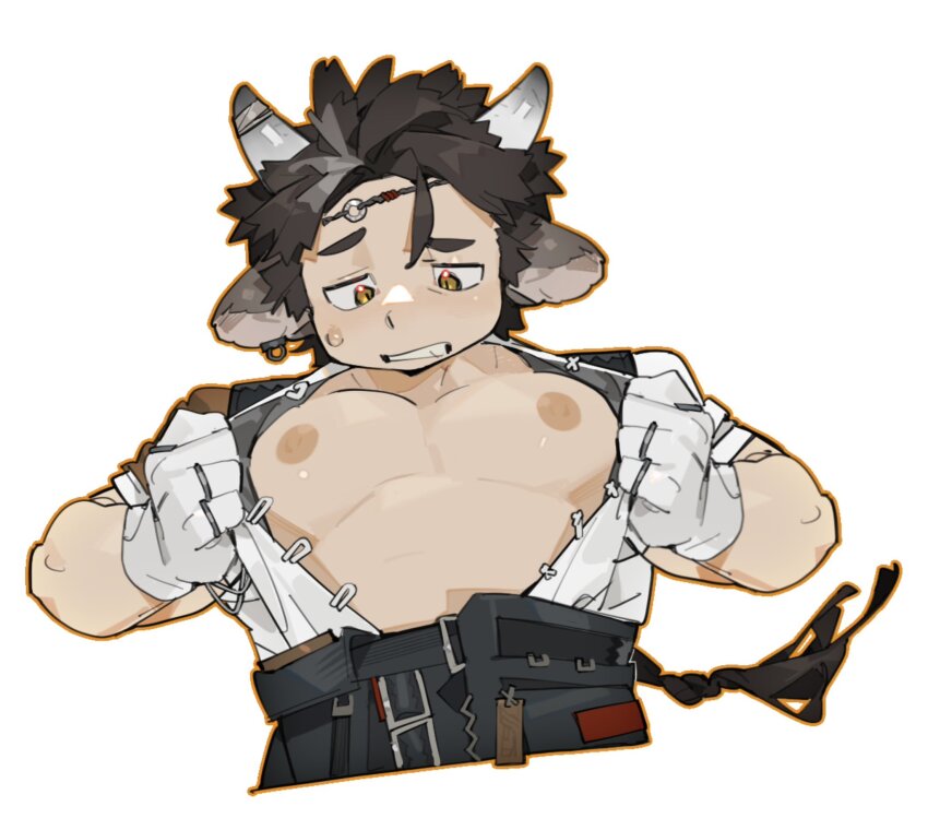 1boy, animal_ears, arknights, bare_pectorals, black_pants, brown_eyes, brown_hair, commentary, cow_boy, cow_ears, cow_horns, gloves, highres, horns, looking_at_chest, lqqq, male_focus, nipples, pants, pectorals, shirt, sweatdrop, untranslatable_commentary, wan_qing_(arknights), white_gloves, white_shirt