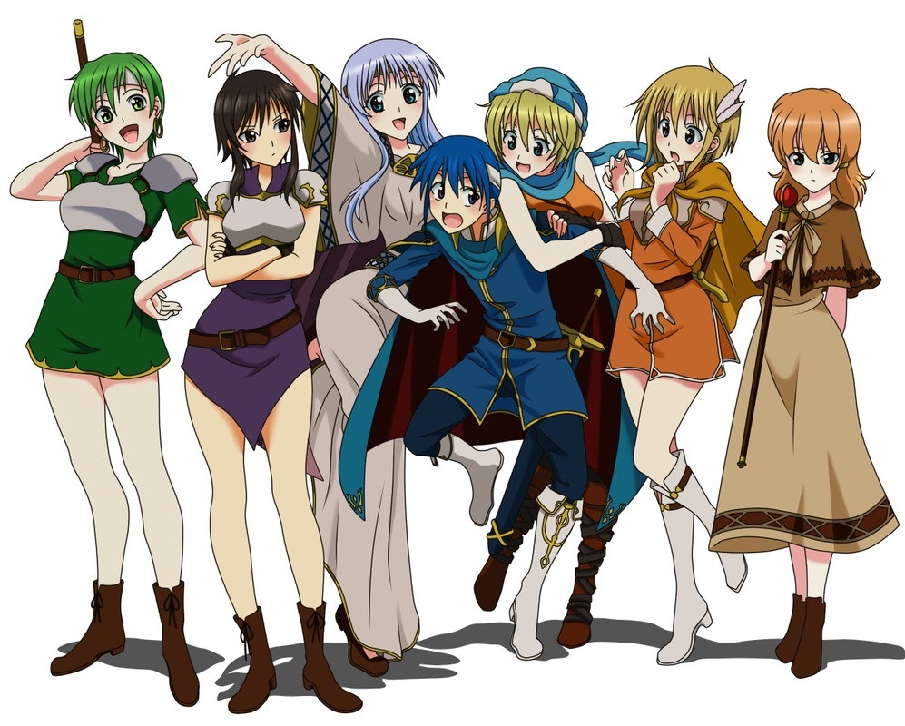 1boy, 6+girls, aina123, arm_grab, armor, bad_id, bad_pixiv_id, black_hair, blonde_hair, blue_eyes, blush, boots, brother_and_sister, brown_hair, cape, crossed_arms, dress, earrings, feather_hair_ornament, feathers, fee_(fire_emblem), fingerless_gloves, fire_emblem, fire_emblem:_genealogy_of_the_holy_war, gloves, green_eyes, green_hair, grey_eyes, hair_ornament, hat, headband, jewelry, julia_(fire_emblem), lana_(fire_emblem), larcei_(fire_emblem), light_purple_hair, long_hair, multiple_girls, nanna_(fire_emblem), nintendo, open_mouth, parody, patty_(fire_emblem), polearm, robe, scarf, seliph_(fire_emblem), short_hair, siblings, skirt, smile, spear, staff, surprised, sword, to_love-ru, weapon