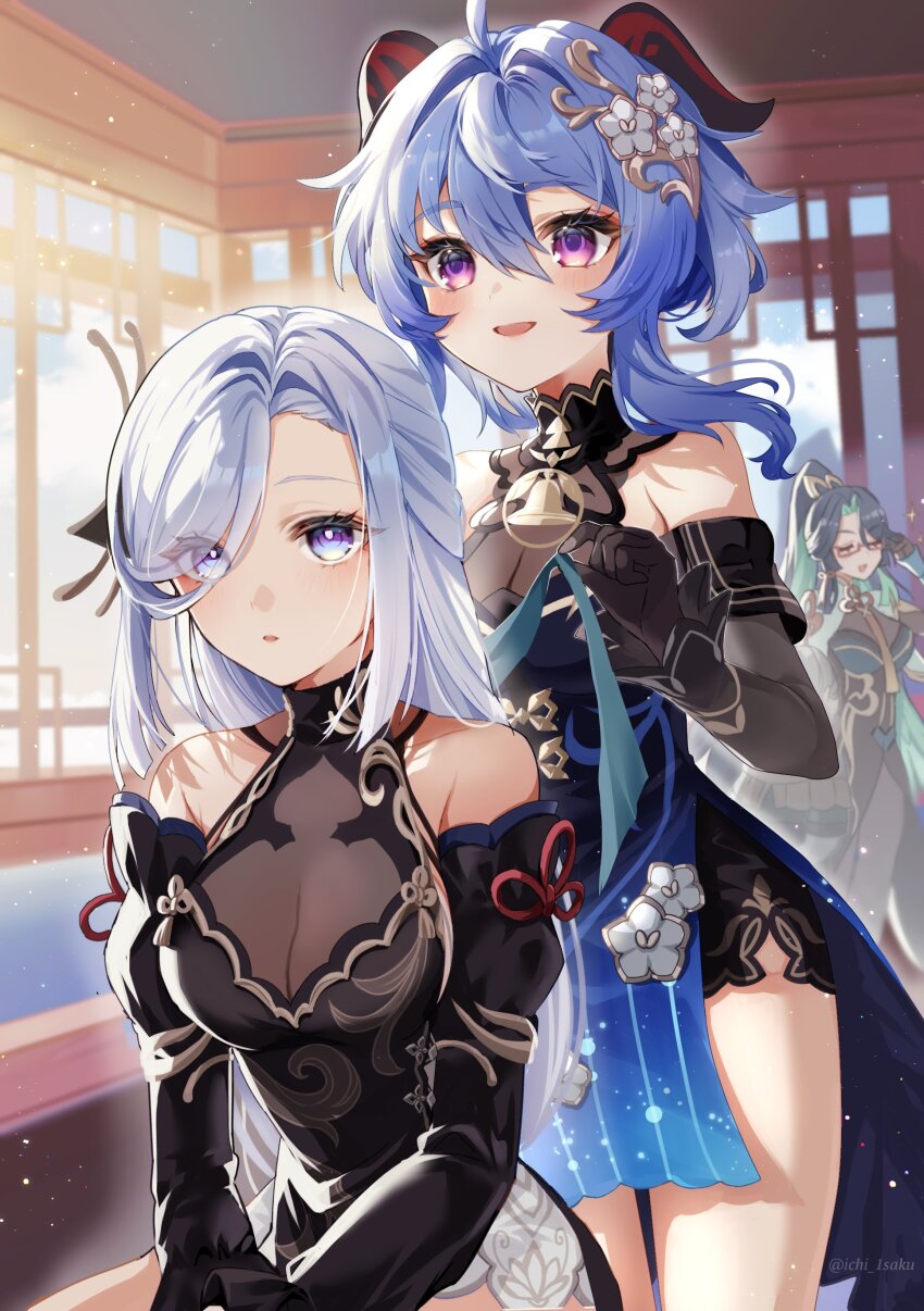 3girls, absurdres, ahoge, bare_shoulders, black_dress, black_hair, blue_eyes, blue_hair