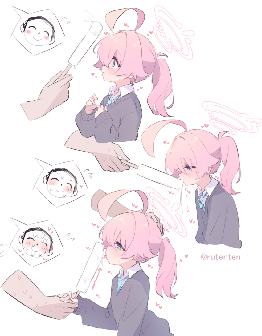 1boy, 1girl, ahoge, blue_archive, blue_eyes, blue_necktie, doodle_sensei_(blue_archive), food, grey_sweater_vest, halo, heart, highres, holding, holding_food, holding_popsicle, hoshino_(blue_archive), hoshino_(second_year)_(blue_archive), hoshino_(young)_(blue_archive), licking, long_sleeves, medium_hair, multiple_views, necktie, pink_hair, ponytail, popsicle, profile, ruten_(onakasukusuku), sensei_(blue_archive), sexually_suggestive, simple_background, sweater_vest, tongue, tongue_out, twitter_username, white_background, white_halo