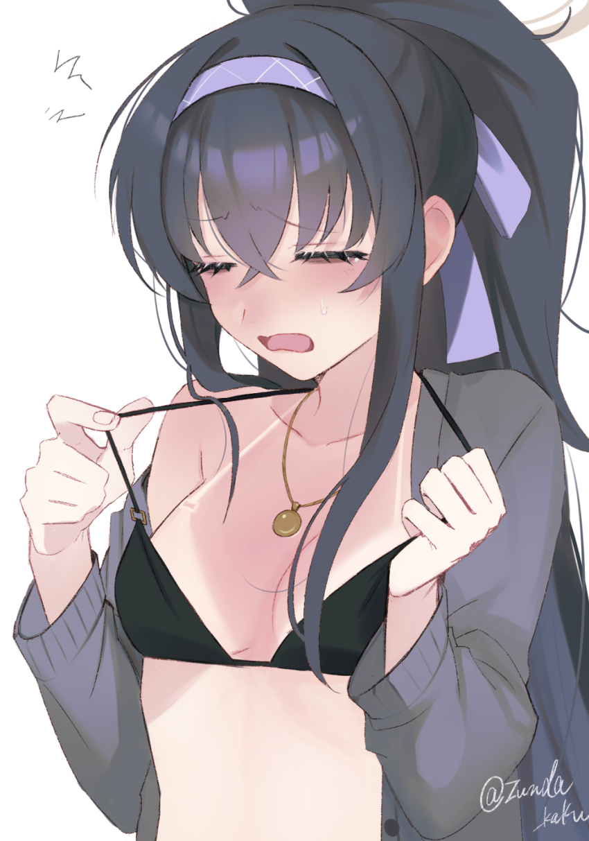 1girl, annoyed, bags_under_eyes, bikini, bikini_pull, black_bikini, blue_archive, cardigan, closed_eyes, clothes_pull, crossed_bangs, furrowed_brow, halo, headband, highres, jewelry, long_sleeves, official_alternate_costume, open_mouth, pendant, ponytail, sidelocks, solo, sunburn, sweatdrop, swimsuit, tan, tanline, teardrop, ui_(blue_archive), ui_(swimsuit)_(blue_archive), upper_body, wavy_hair, white_background, zunda_kaku