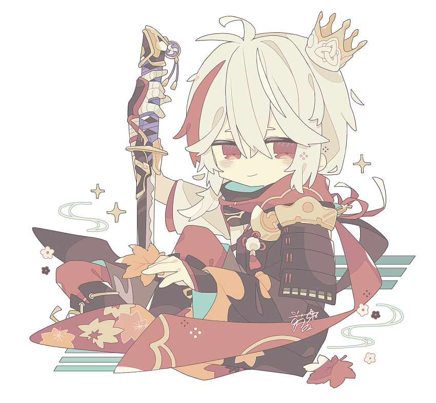 1boy, absurdres, amenoma_kageuchi_(genshin_impact), antenna_hair, arm_up, armor, asymmetrical_sleeves, bandaged_arm