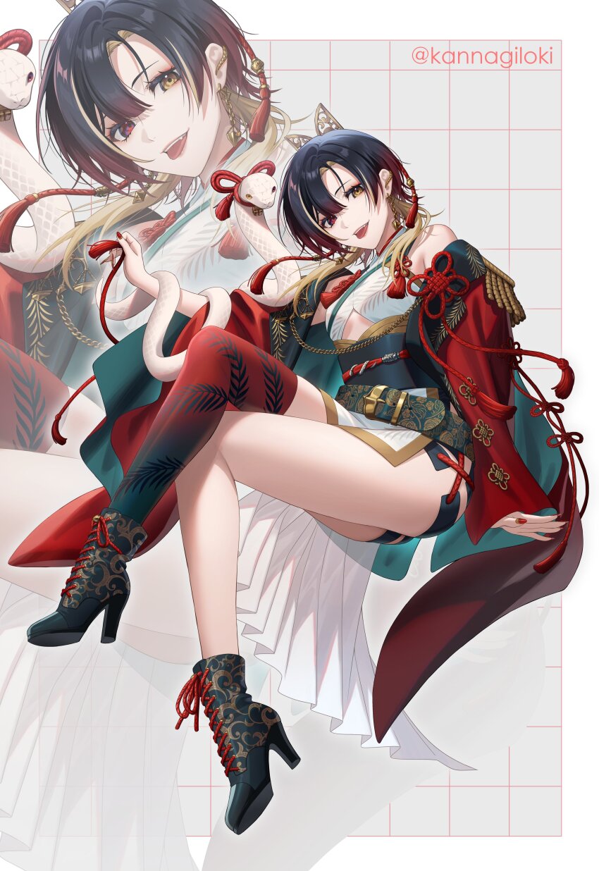 1girl, absurdres, asymmetrical_hair, bare_shoulders, bell, belt, black_footwear, black_hair