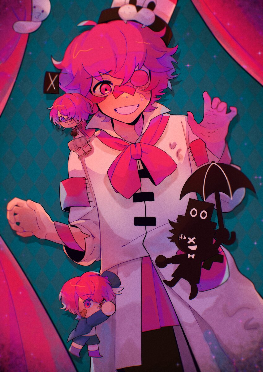 1boy, absurdres, argyle_background, argyle_clothes, bandaid, bandaid_on_face, bandaid_on_nose, bishounen, black_jacket, black_shorts, blue_background, boku_ga_monster_ni_natta_hi_(vocaloid), bow, bowtie, chibi, chibi_on_shoulder, coat, colored_sclera, crossed_bandaids, curtains, dare_mo_shiranai_happy_end_(vocaloid), edlinklover, fukase, hat, highres, holding, holding_umbrella, jacket, looking_at_viewer, male_focus, messy_hair, multiple_persona, red_bow, red_bowtie, red_eyes, red_footwear, red_hair, red_sclera, sekai_no_hajimari_(vocaloid), short_hair, shorts, smile, solo_focus, songover, top_hat, umbrella, vocaloid, white_coat, white_footwear, white_jacket, white_shorts