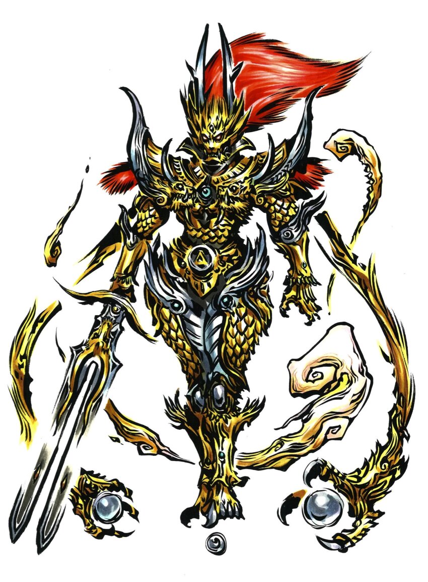 1boy, amemiya_keita, armor, belt, clawed_boots, concept_art, full_armor, full_body, garo_(tokusatsu_character), garo_(tokusatsu_series), garo_sho, gold_armor, helmet, highres, holding, holding_sword, holding_weapon, horns, keita_amemiya, official_art, red_eyes, solo, sword, tokusatsu, weapon
