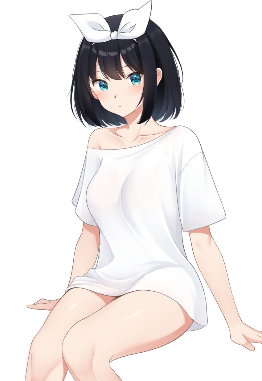 1girl, :/, absurdres, arm_support, black_hair, blush, bow, bow_hairband