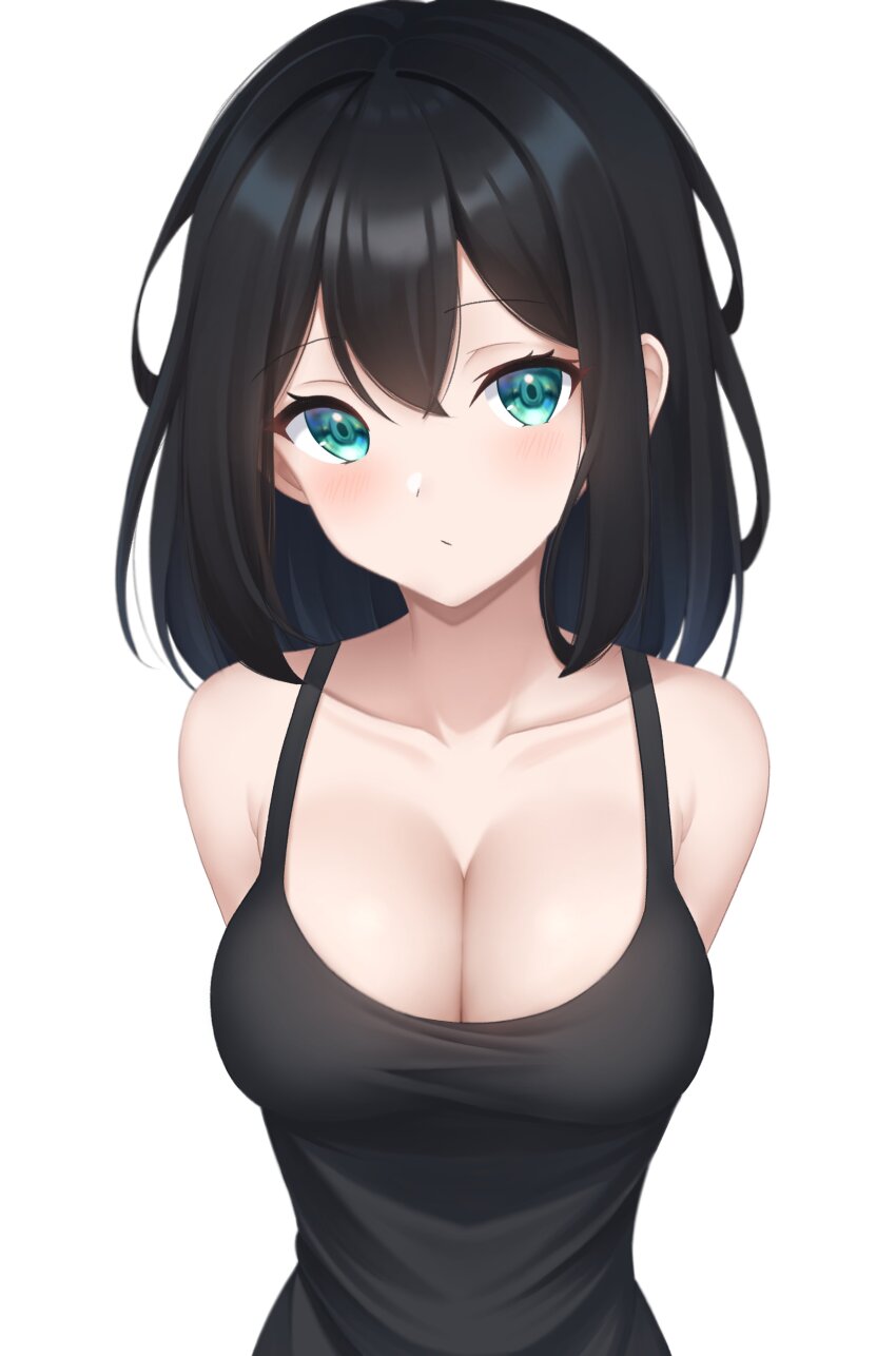 1girl, :/, absurdres, armpit_crease, arms_behind_back, bare_shoulders, black_hair, black_tank_top