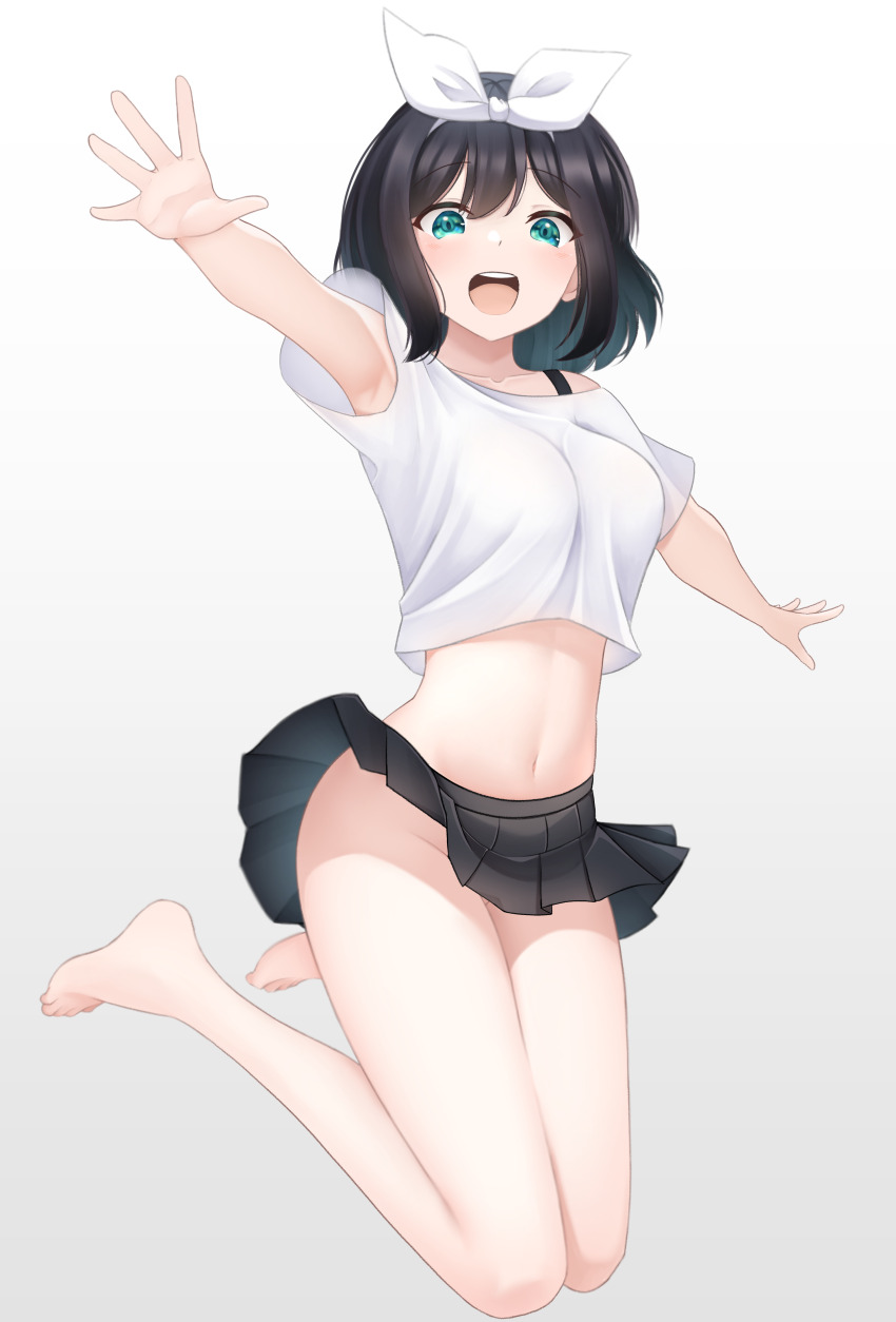 1girl, absurdres, barefoot, black_hair, black_skirt, bow, bow_hairband, bra_strap