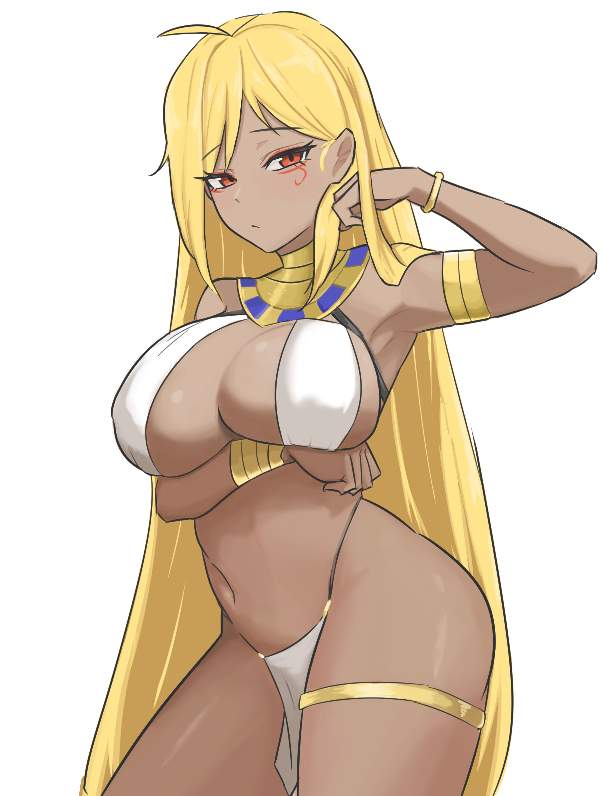 1girl, ancient_egyptian, arm_under_breasts, armlet, bikini, blonde_hair, bracelet, breast_lift, breasts, contrapposto, dark-skinned_female, dark_skin, eye_tattoo, eyeshadow, facial_tattoo, highleg, highleg_bikini, jewelry, jingburger, large_breasts, long_hair, looking_at_viewer, makeup, moong_(eveonline44), navel, necklace, pelvic_curtain, red_eyes, red_eyeshadow, simple_background, solo, string_bikini, swimsuit, tattoo, thighlet, very_long_hair, virtual_youtuber, waktaverse, white_background, white_bikini