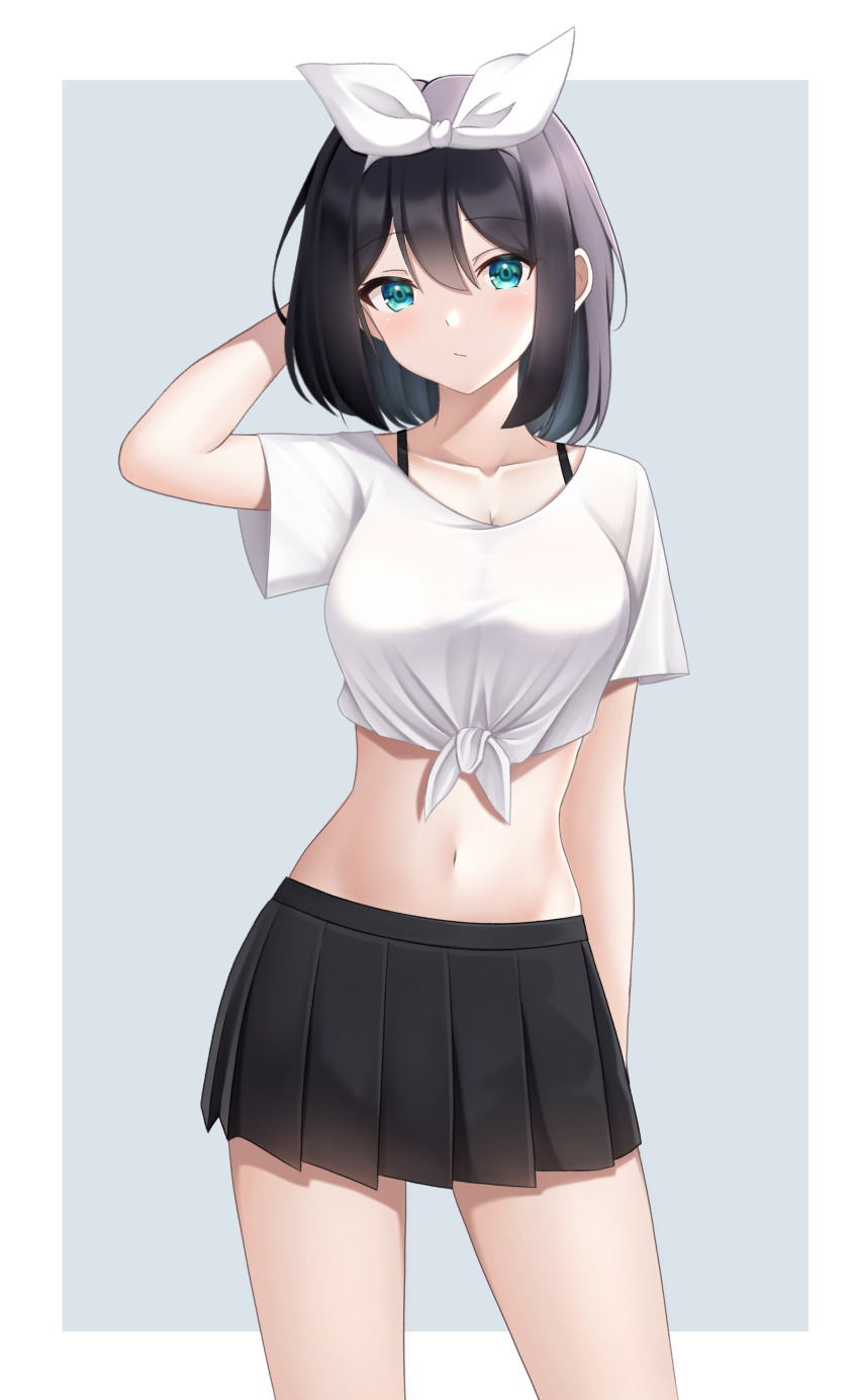1girl, :/, absurdres, arm_at_side, arm_behind_head, arm_up, black_hair, black_skirt