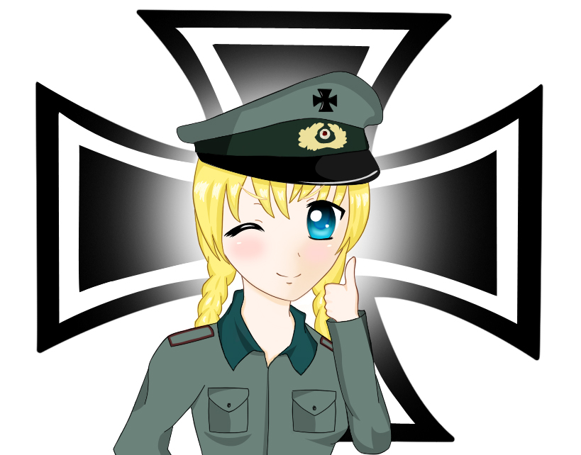 blonde_hair, blue_eyes, blush, braid, cross, iron_cross, krautmarie, military, military_uniform, one_eye_closed, smile, wink