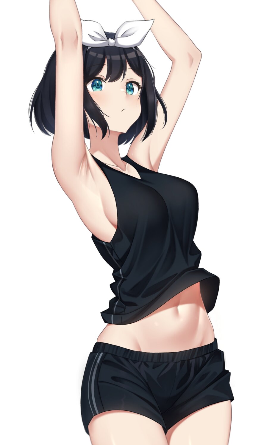 1girl, :/, absurdres, armpits, arms_up, black_hair, black_shorts, black_tank_top