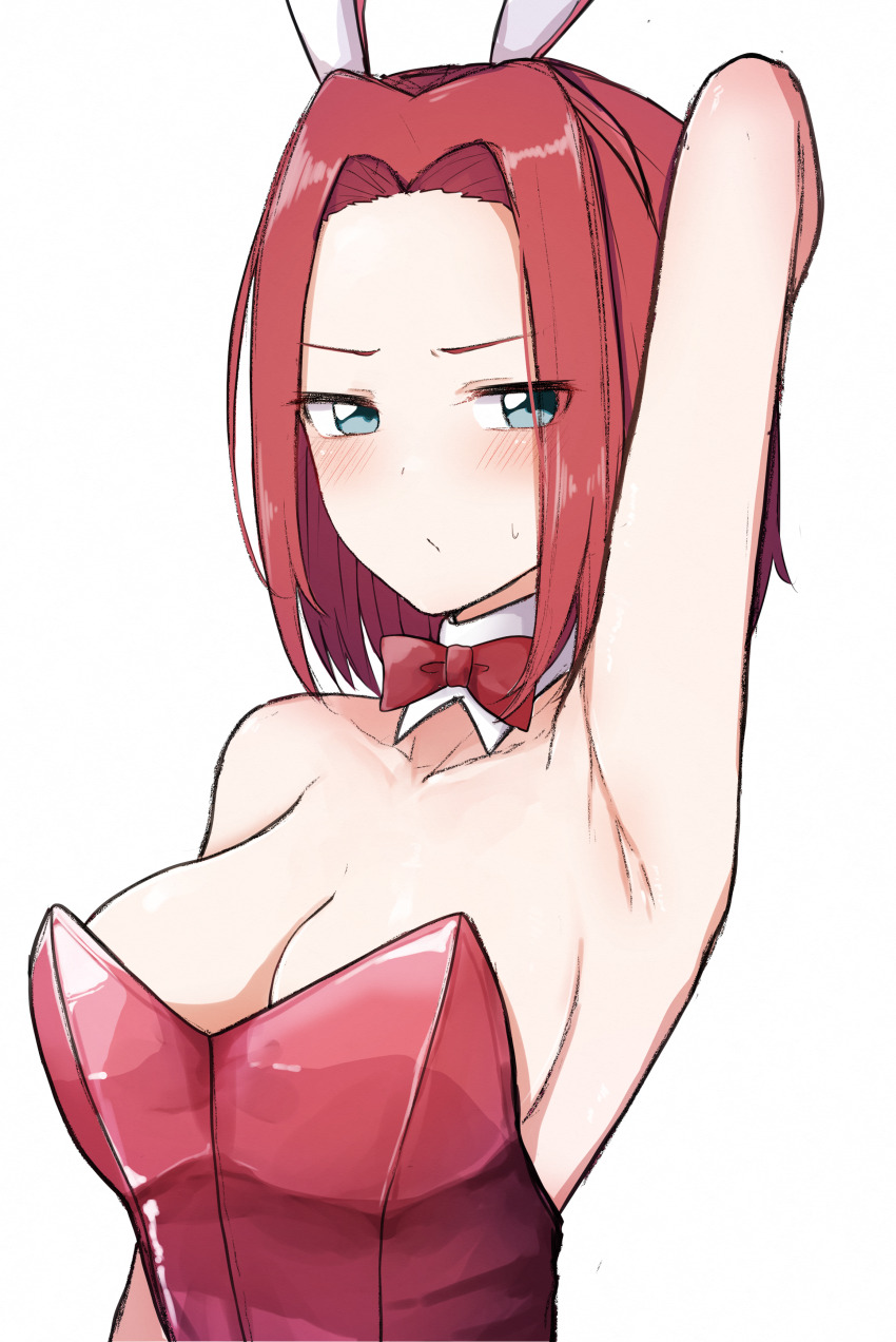1girl, :/, absurdres, alternate_costume, animal_ears, aqua_eyes, arm_up, armpits