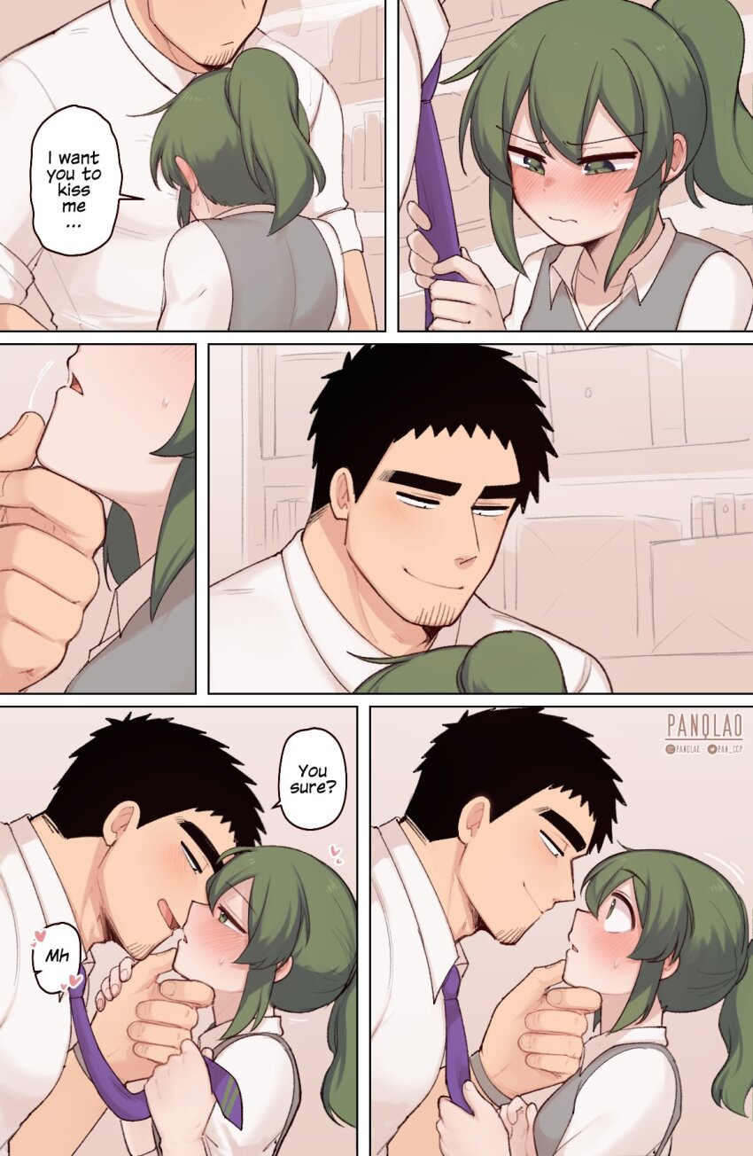 1boy, 1girl, artist_name, black_hair, blush, breasts, collarbone, collared_shirt