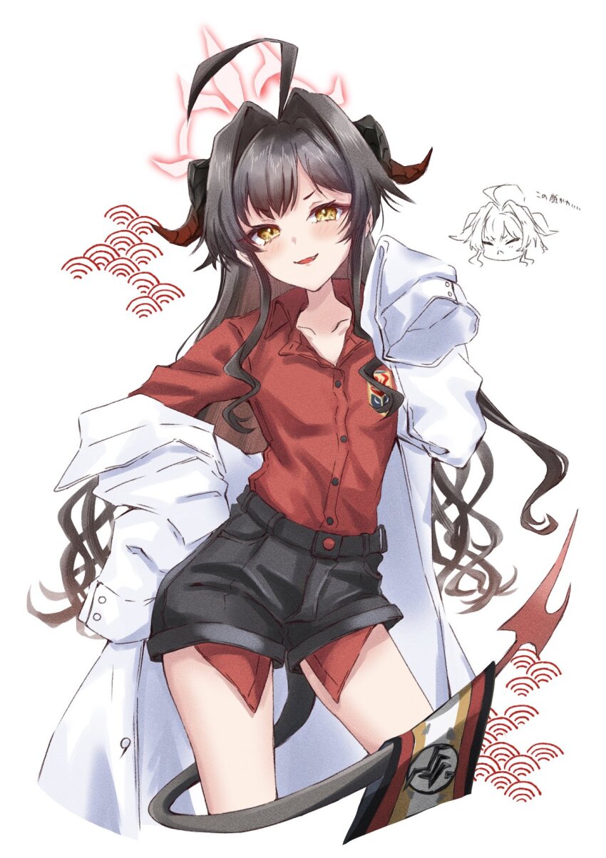 1girl, :<, ahoge, arm_up, armband, black_hair, black_shorts, blue_archive