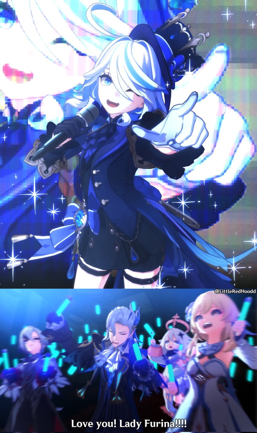 1boy, 4girls, arlecchino_(genshin_impact), ascot, asymmetrical_bangs, black_ascot, black_coat, black_gloves