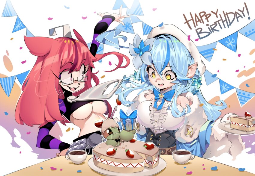 2girls, ahoge, birthday, birthday_cake, blue_hair, bow, breasts, cake