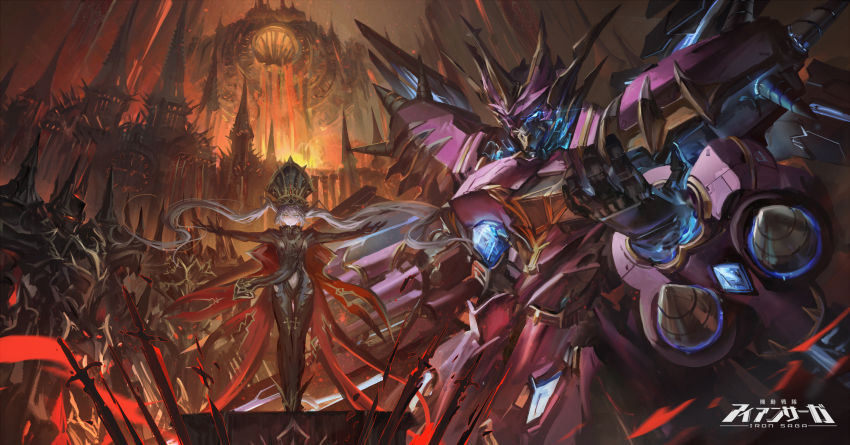 1girl, breasts, copyright_name, hat, heterochromia, highres, iron_saga, logo