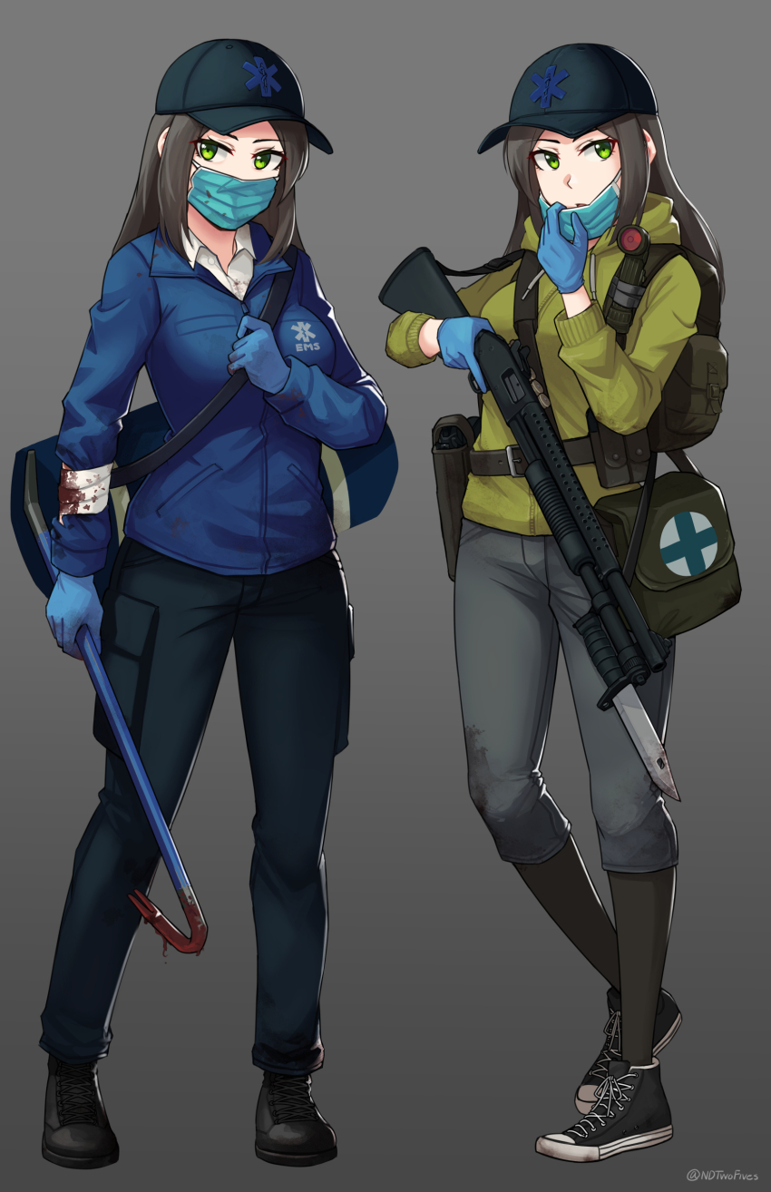 2girls, absurdres, bag, baseball_cap, bayonet, black_footwear, black_headwear, black_pants, black_pantyhose, blood, blue_gloves, blue_shirt, breasts, brown_hair, collared_shirt, commentary, crowbar, drawstring, dress_shirt, english_commentary, gloves, green_eyes, grey_background, grey_pants, gun, hat, highres, holding, holding_crowbar, holding_gun, holding_weapon, hood, hood_down, hooded_jacket, jacket, long_hair, long_sleeves, looking_at_viewer, mask, mask_pull, medium_breasts, mouth_mask, multiple_girls, ndtwofives, pants, pantyhose, parted_lips, project_zomboid, puffy_long_sleeves, puffy_sleeves, rod_of_asclepius, shirt, shoes, shotgun, simple_background, standing, surgical_mask, weapon, weapon_request, white_shirt, yellow_jacket