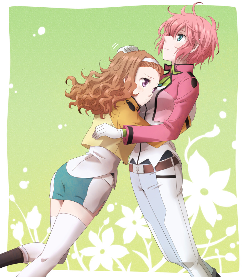 00s, 2girls, alternate_hairstyle, blush, brown_hair, feldt_grace, green_eyes, gundam, gundam_00, gundam_00_a_wakening_of_the_trailblazer, hand_on_another's_head, headband, highres, hug, jacket, long_hair, mileina_vashti, miniskirt, multiple_girls, pink_hair, purple_eyes, short_hair, skirt, smile, snowchild, thighhighs, white_thighhighs