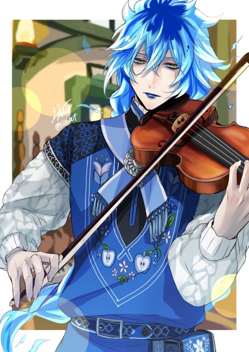 1boy, belt, blue_eyeshadow, blue_hair, blue_lips, blue_vest, blurry, bokeh, border, bow_(music), braid, commentary_request, crossed_bangs, depth_of_field, eyeshadow, fiery_hair, half-closed_eyes, highres, holding, holding_bow_(music), holding_instrument, idia_shroud, idia_shroud_(applepom), indoors, instrument, long_hair, long_sleeves, looking_to_the_side, makeup, male_focus, music, okurabaakaa, playing_instrument, signature, solo, sweater, torch, twisted_wonderland, twitter_username, upper_body, vest, violin, white_sweater, yellow_eyes