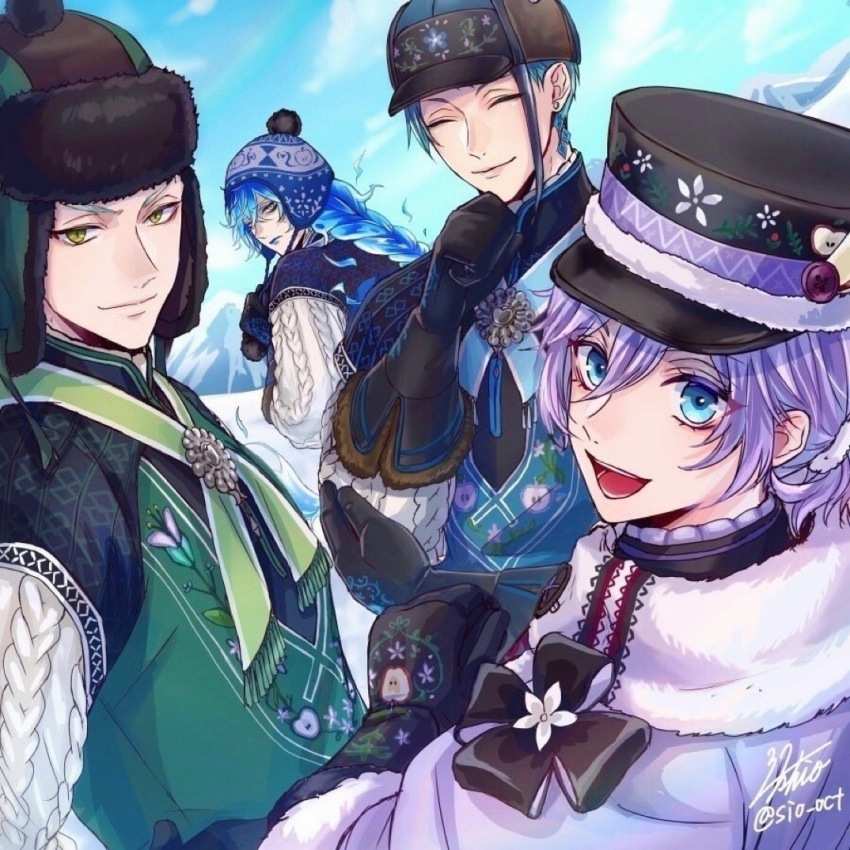 4boys, black_gloves, black_hair, black_headwear, blue_coat, blue_eyes, blue_hair, blue_sky