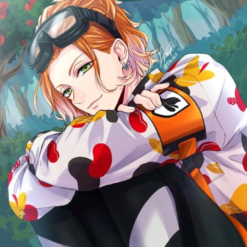 1boy, apple_tree, black_pants, bush, camouflage, cater_diamond, cater_diamond_(beans_camo), commentary_request