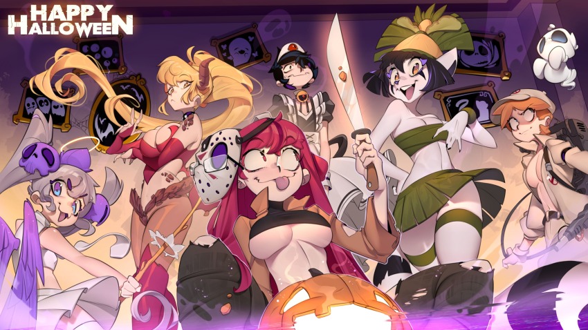 1boy, 5girls, absurdres, bellboy_(freaked_fleapit), black_hair, blonde_hair, breasts, cleavage, closed_mouth, cosplay, fasaria_(freaked_fleapit), freaked_fleapit_(game), freakedfleapit, furry, furry_female, ghost, ghostbusters_uniform, glasses, grass_skirt, halloween, halloween_costume, halo, happy_halloween, headdress, highres, hockey_mask, horns, jack-o'-lantern, jack_skellington, jason_voorhees, jason_voorhees_(cosplay), keyla_(freaked_fleapit), king_julien_xiii, king_julien_xiii_(cosplay), large_breasts, long_hair, looking_at_viewer, machete, madagascar_(series), maid, mask, medium_breasts, multiple_girls, navel, no_bra, open_clothes, open_mouth, orange_hair, picture_frame, ponytail, ruby_(freaked_fleapit), short_hair, sister_june_(freaked_fleapit), skull, small_breasts, spread_legs, standing, the_nightmare_before_christmas, thigh_strap, tongue, tongue_out, torn_clothes, twintails, tyler_(freaked_fleapit)