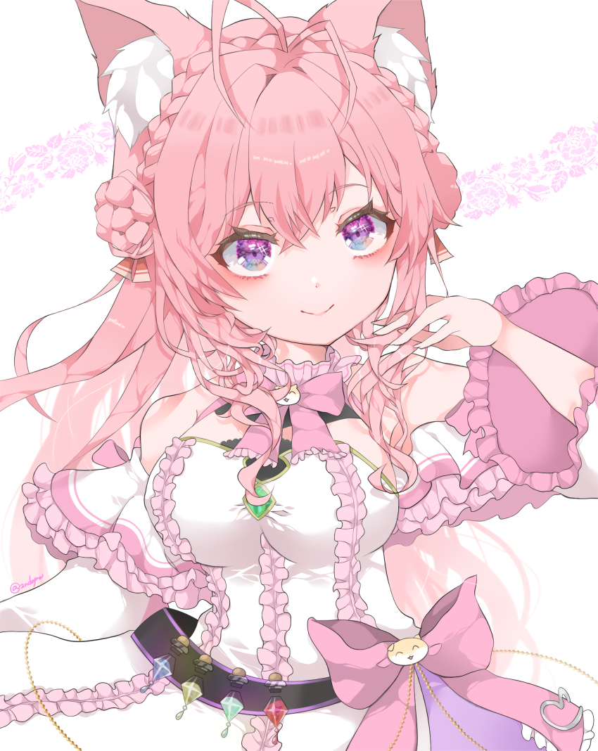 1girl, 2ndope, absurdres, adapted_costume, animal_ear_fluff, animal_ears, antenna_hair, bare_shoulders