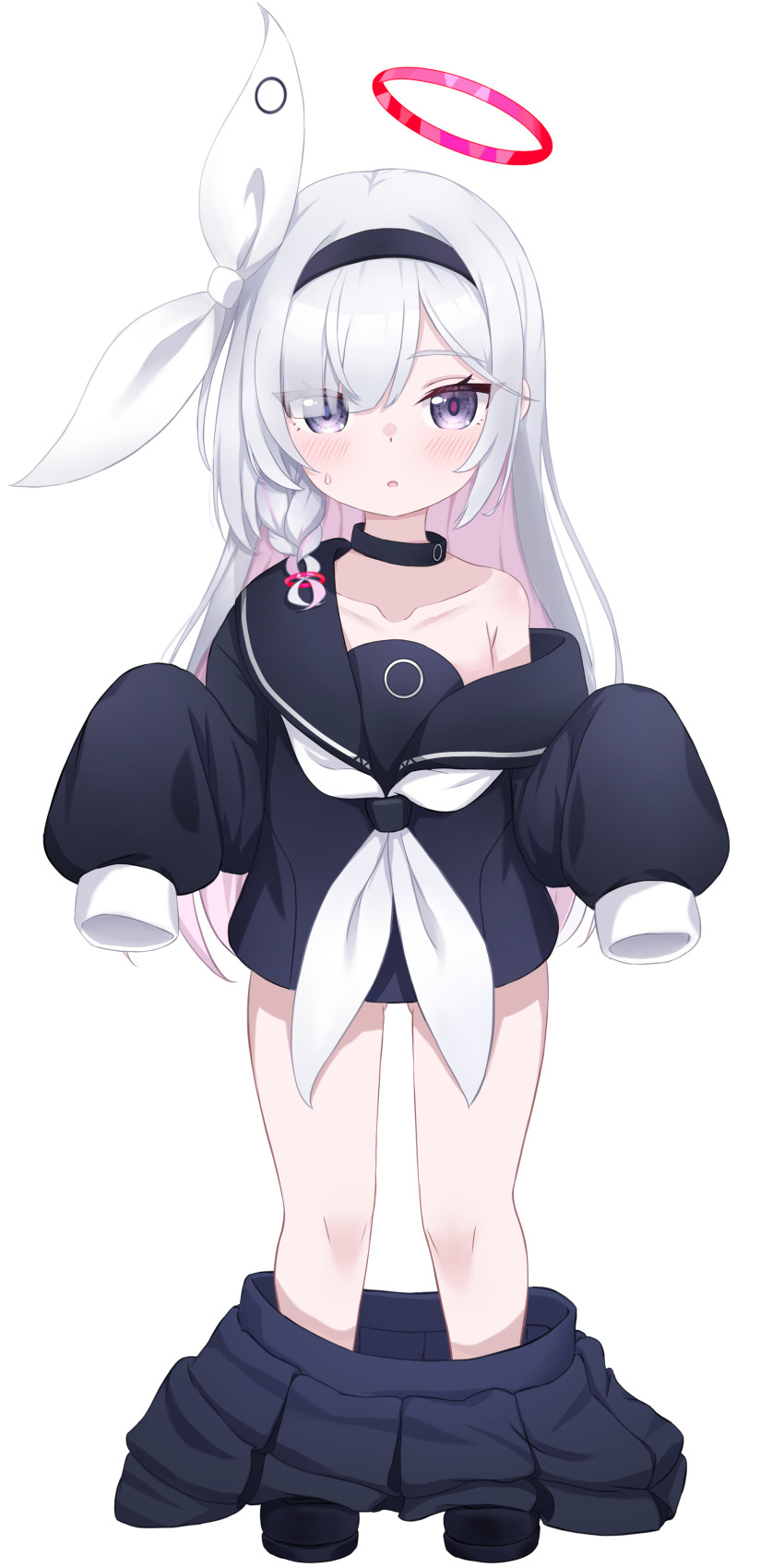 1girl, absurdres, black_choker, black_footwear, black_hairband, black_sailor_collar, black_serafuku, black_skirt