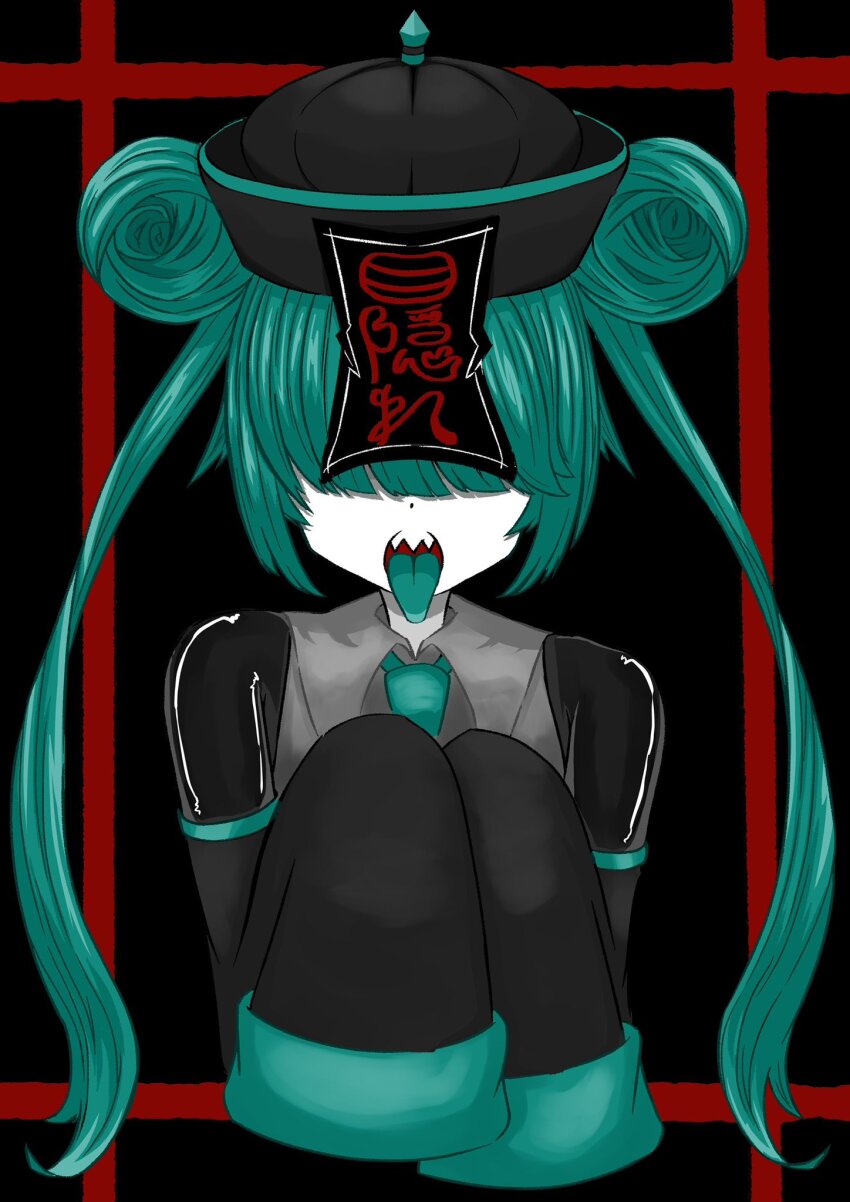 1girl, alternate_hairstyle, aqua_hair, aqua_necktie, aqua_tongue, black_background, black_hat, black_sleeves