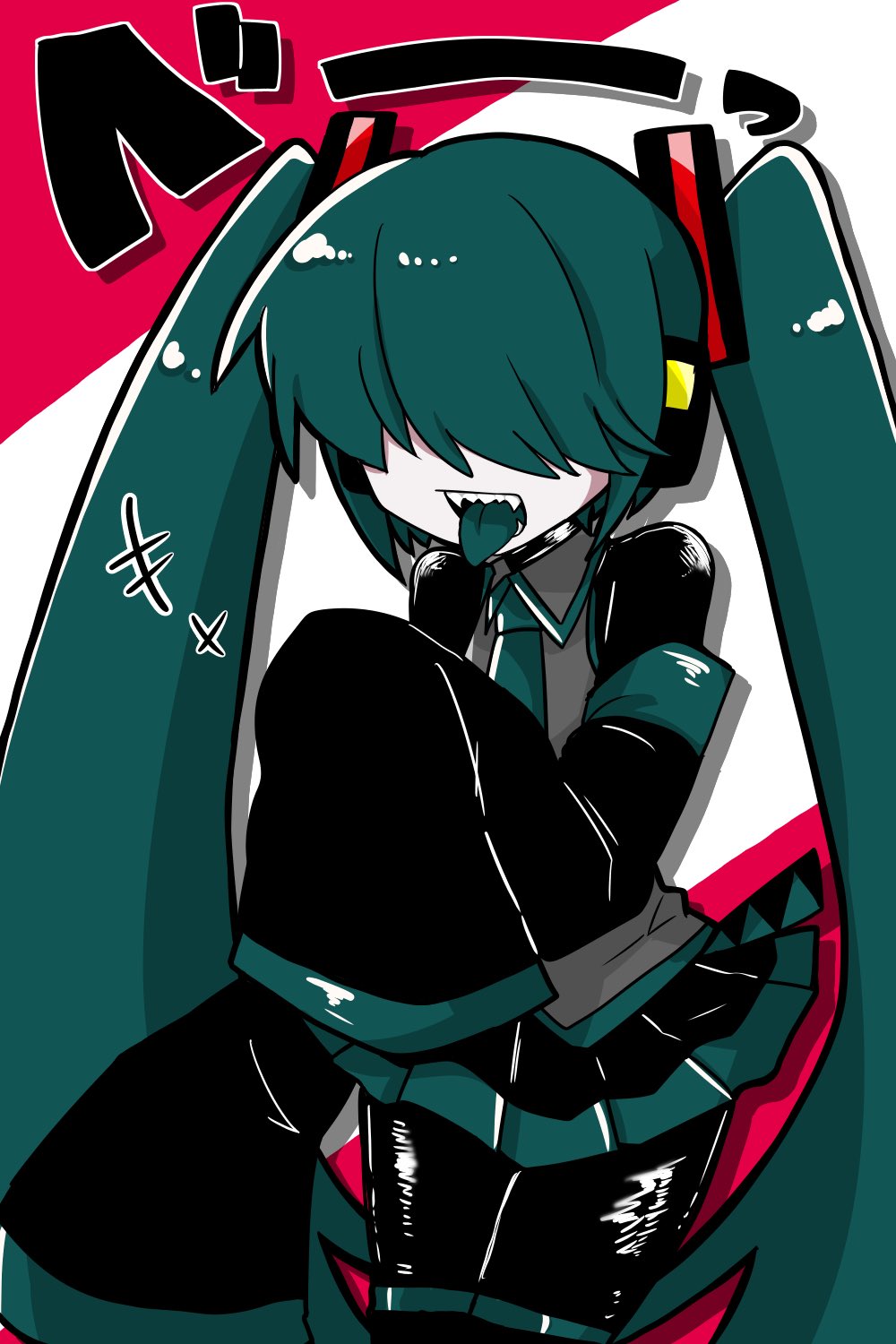 1girl, aqua_hair, aqua_necktie, aqua_tongue, black_bodysuit, black_skirt, black_sleeves, bodysuit