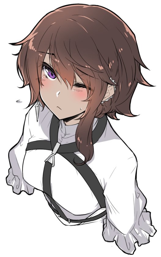 1girl, ;<, blush, brown_hair, chest_harness, closed_mouth, concetta_(fate), cropped_torso, earrings, fate/grand_order, fate_(series), frills, harness, hirase_yuu, jewelry, looking_at_viewer, one_eye_closed, shirt, short_hair, simple_background, single_earring, solo, sweat, swept_bangs, upper_body, white_background, white_shirt