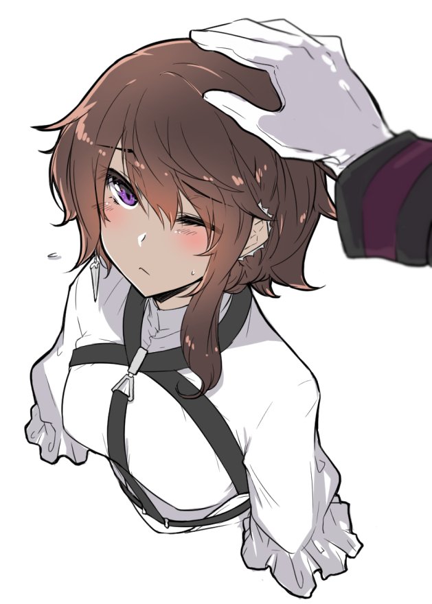1boy, 1girl, ;<, blush, brown_hair, chest_harness, closed_mouth, concetta_(fate)