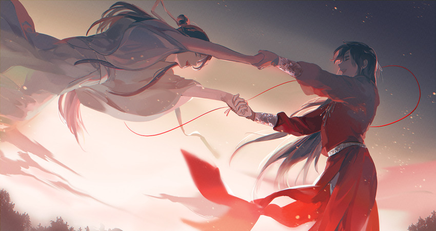 2boys, belt, black_hair, bracer, chinese_clothes, closed_eyes, cloud, dusk, eyepatch, feet_out_of_frame, hair_bun, hair_ribbon, hanfu, holding_hands, hua_cheng, jewelry, lokonity, long_hair, long_sleeves, multiple_boys, necklace, open_mouth, outdoors, red_hanfu, ribbon, silver_belt, silver_necklace, smile, standing, string, string_of_fate, tianguan_cifu, tree, white_hanfu, white_ribbon, wide_sleeves, wind, wind_lift, xie_lian, yaoi
