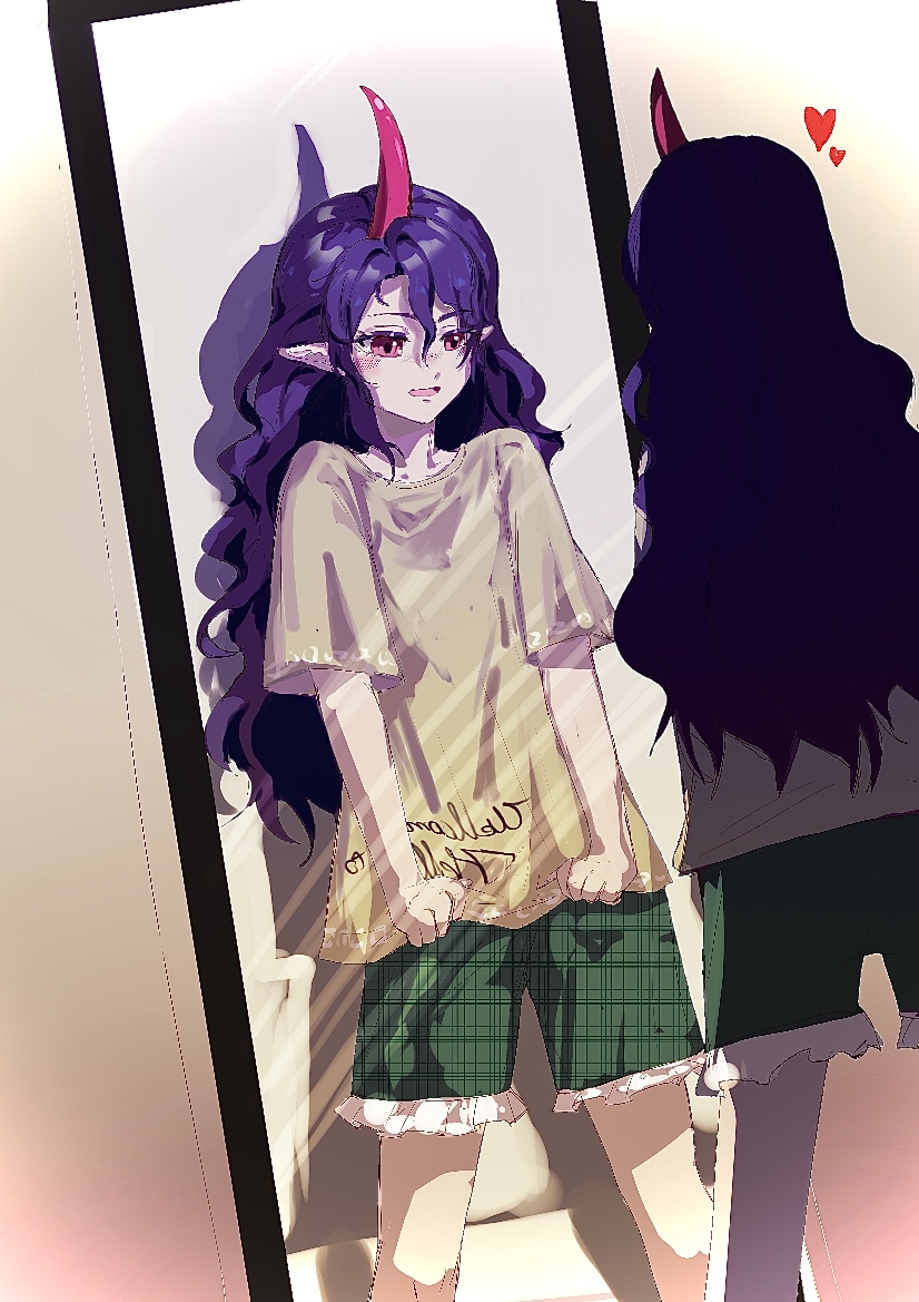 1girl, clothes_writing, green_shirt, green_shorts, heart, horns, long_hair, mirror